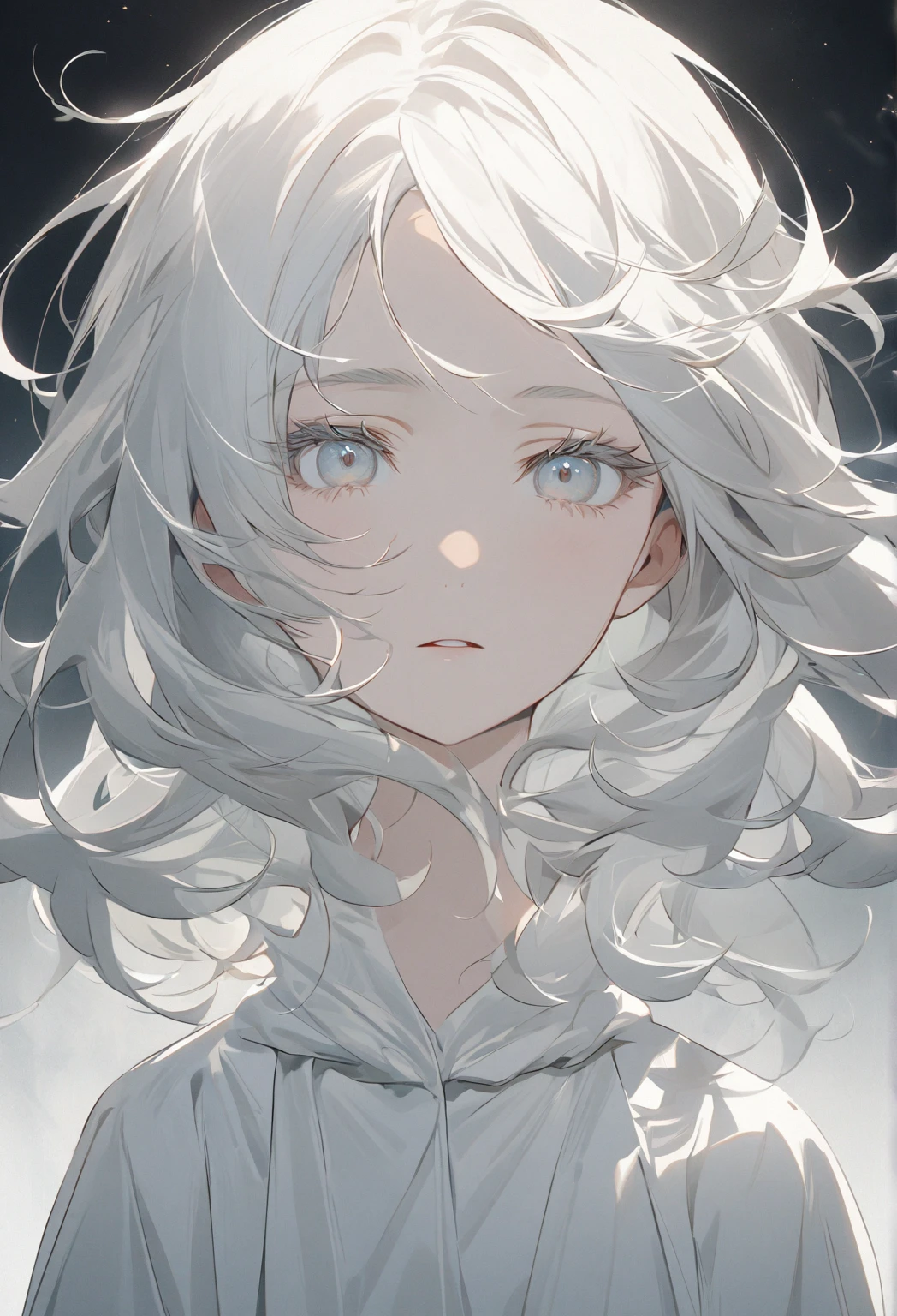 A serene, anime-style character with a soft and ethereal appearance. The character has short, slightly tousled, silver-white hair with delicate, feathery layers that frame the face. The eyes are large, round, and almond-shaped, with a light gray, almost silver color, giving them a glassy, reflective quality. The eyelashes are subtle and minimalistic, especially on the upper lash line, while the lower lash line is gentle and barely defined. There is a faint, natural-looking eyeliner around the eyes, adding to their clarity without boldness. The eyebrows are thin, straight, and match the light silver shade of the hair, contributing to a soft, understated expression. The face shape is oval with a slight point at the chin, adding a youthful look. The nose is small and simplified, typical of anime styles, and the mouth is a small, neutral line, giving a calm, introspective expression. The character’s overall appearance feels gentle, calm, and slightly otherworldly, with a hint of innocence or introspection.