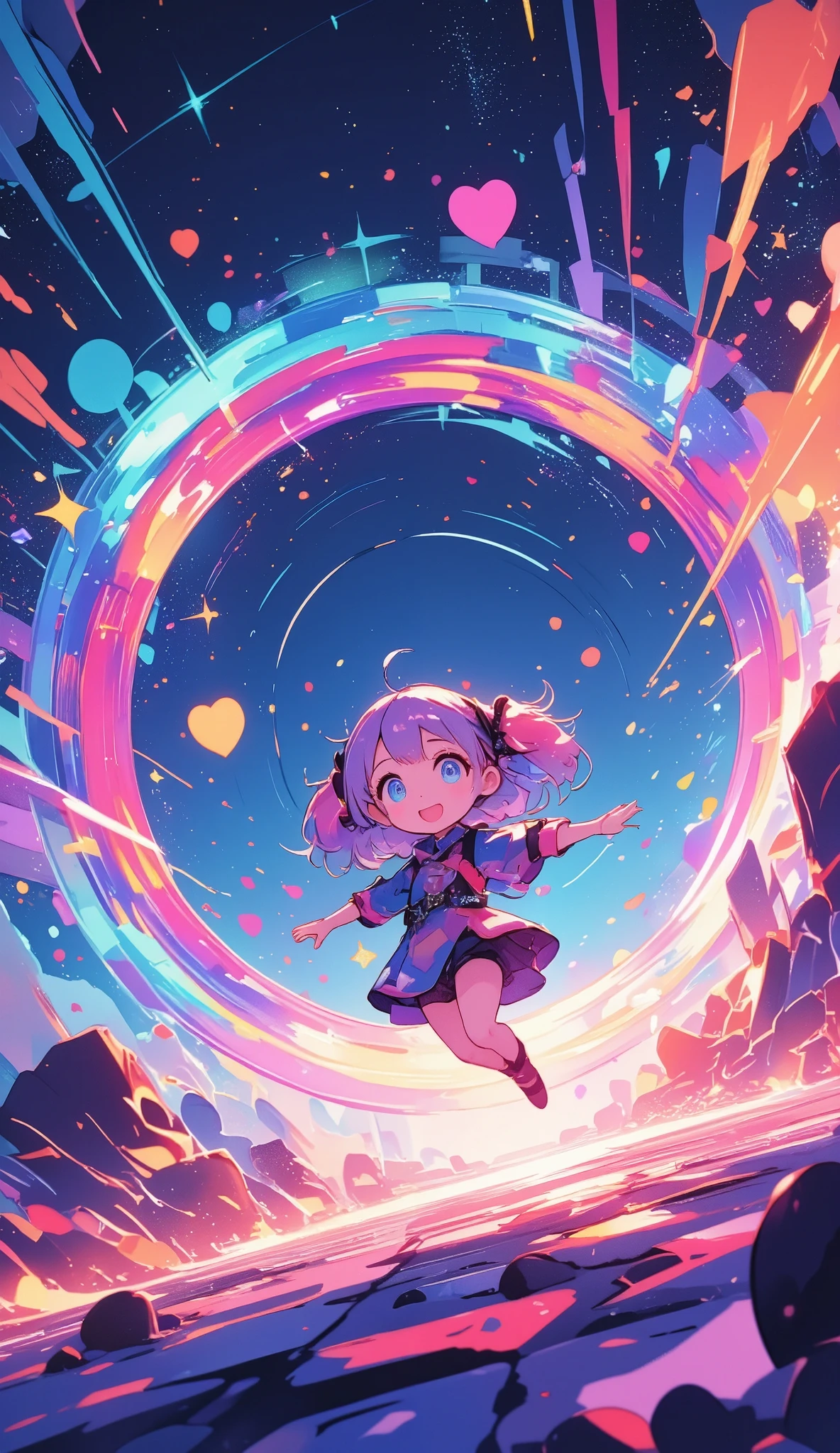 A cute chibi futuristic costume girl is jumping into the vivid space-like circle portal at the far end. cosmic eyes,cosmic hair color, super vivid color, many heart notes, many star notes, super pop,many vivid sparkles, dynamic, dynamic camera work, dynamic action pose, anime style, cosmic color, many colorful concentration lines,focus on circle portal