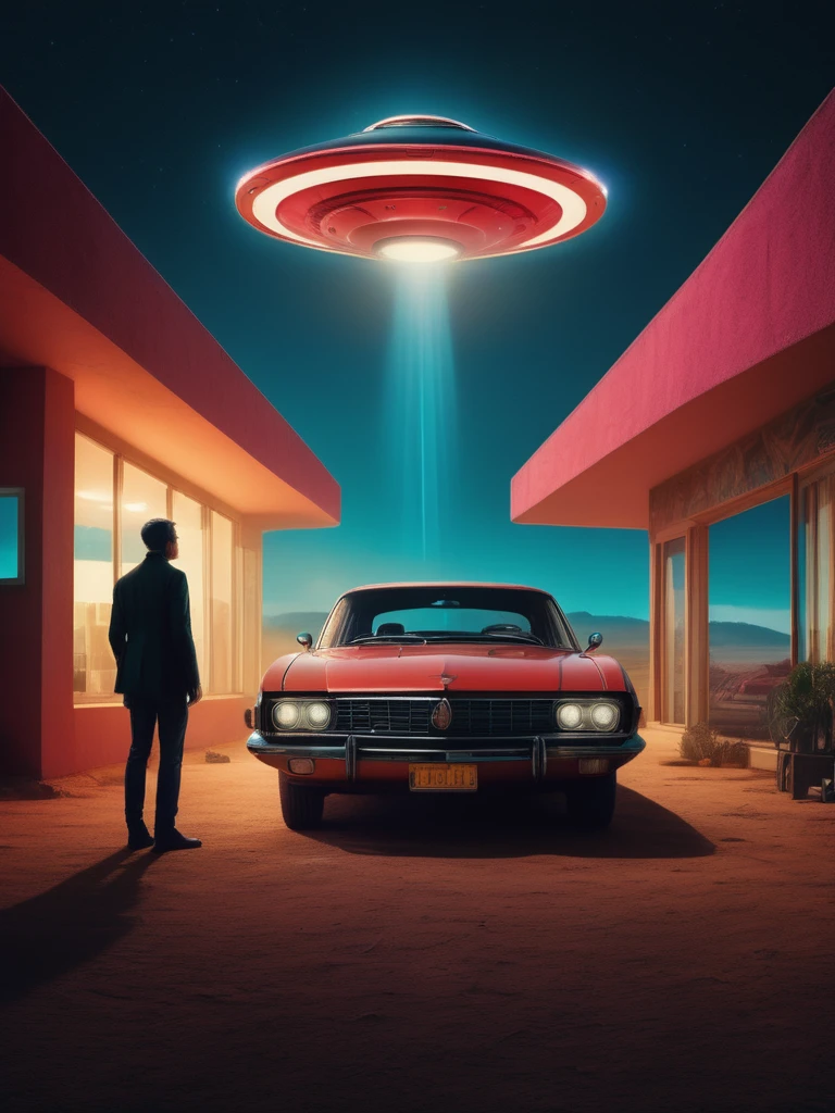 a man standing in front of a car under a large flying saucer, dreamlike, surreal, (best quality,4k,8k,highres,masterpiece:1.2),ultra-detailed,(realistic,photorealistic,photo-realistic:1.37),cinematic lighting, intricate details, dramatic atmosphere, vibrant colors, sense of wonder and mystery