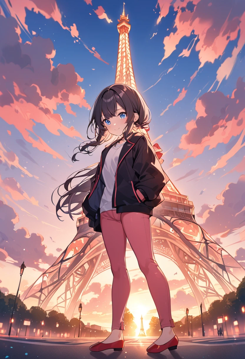 Dark navy hair, Blue light Eyes standing, Marinette Dupain-Cheng, standing, tight jeans, pink pants, white shirt, black jacket, beautiful cute girl, younger, paris, red ballet slippers, eiffel tower, sunrise, shy, smile, 1girl, 