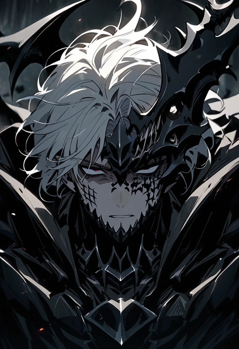 handsome anime male with white hair, fully black demon eyes, facial tattoos, death knight armor, reaper, demon lord, intimidating, close up shot, emotionless and cold expression