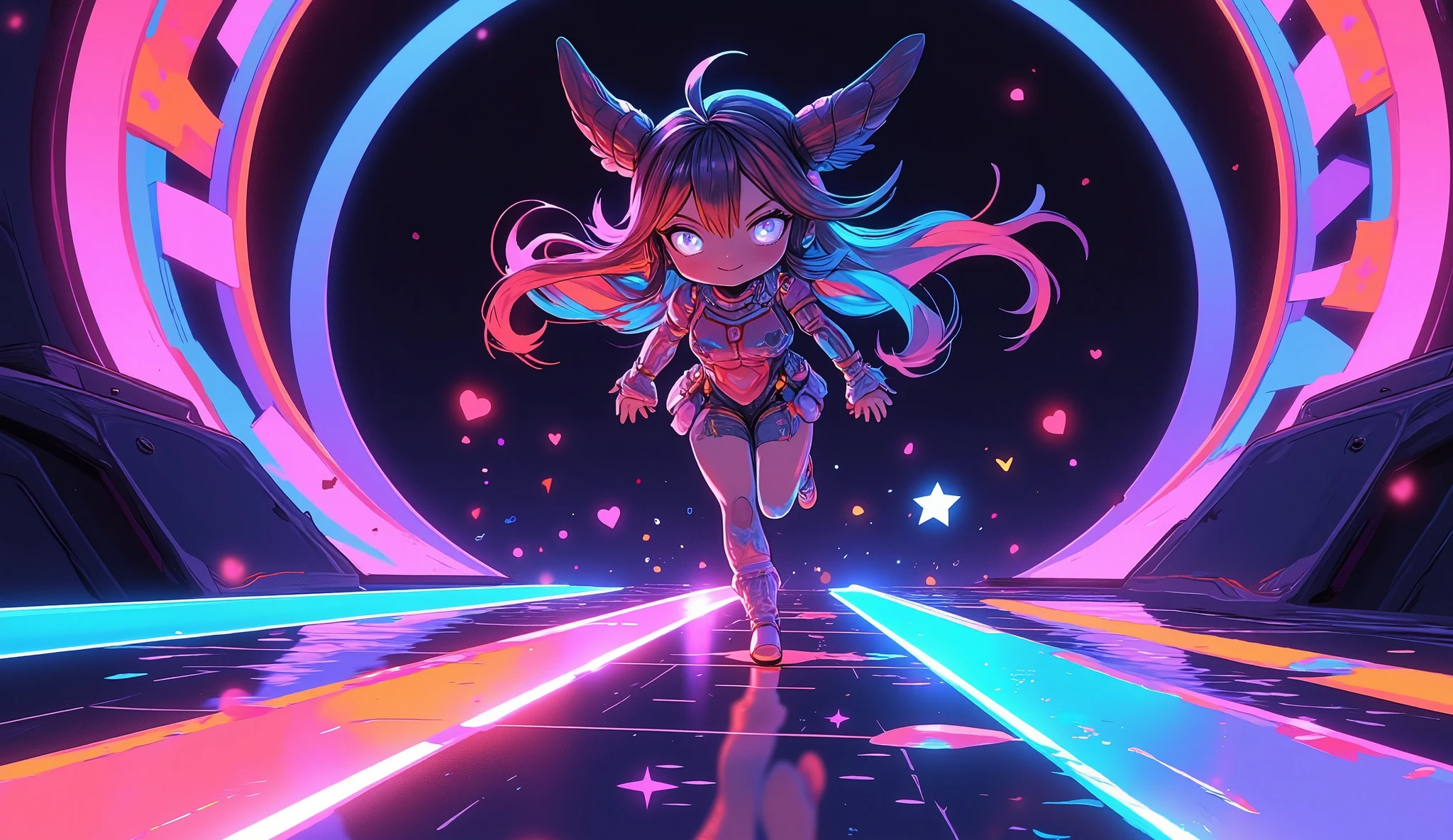 A cute chibi futuristic costume girl is rushing toward the dark space-like long circle portal at the far end. cosmic eyes, cosmic hair color,super vivid color, heart notes, star notes, cute,super pop, sparkle,dynamic, dynamic camera works, dynamic action,anime style,,,cosmic color, colorful concentration lines