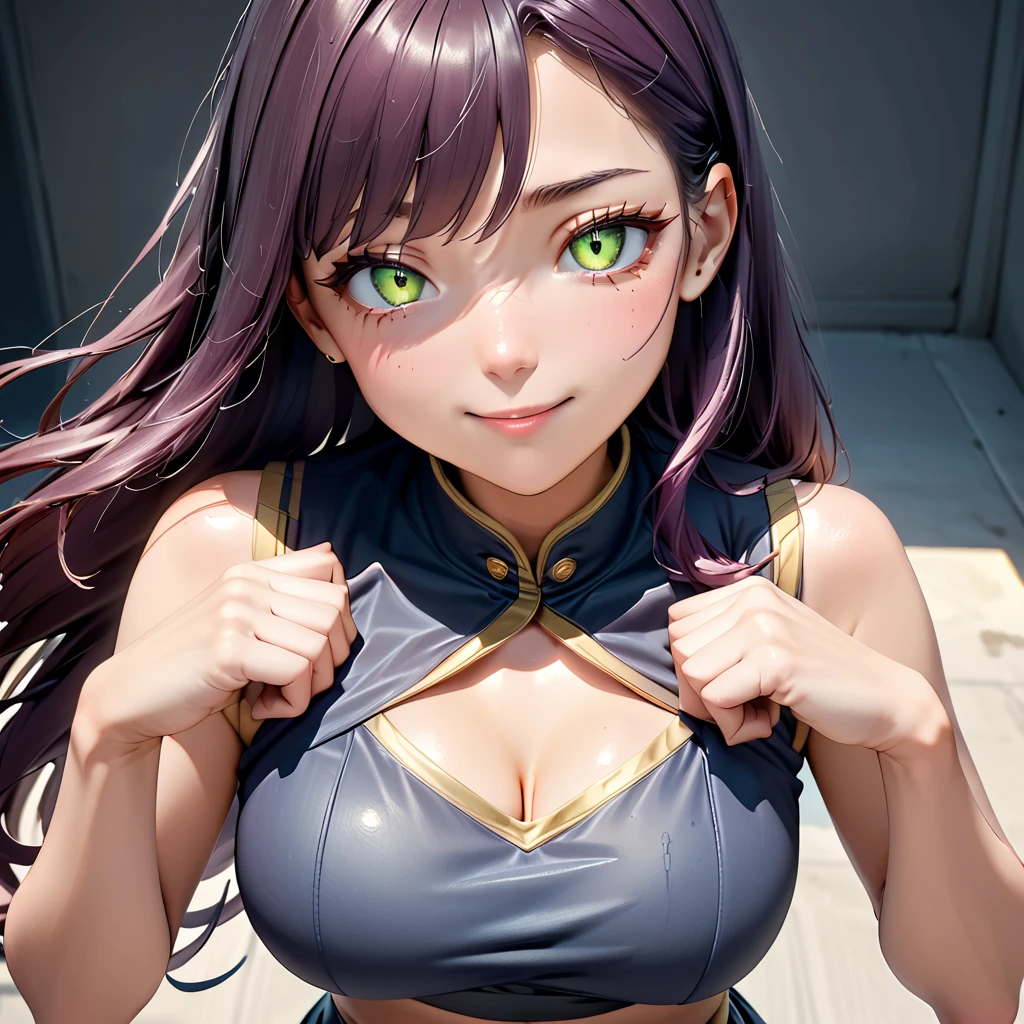 Masterpiece, 4K, HDR, full HD, (best quality), (ultra detailed), (only), intricate ANIME TYPE, best quality, 1girl, ((deep purple hair)) , hyper beautiful face, perfect anatomy, shiny skin, full body, alone, long hair, looking at viewer, perfect hands, perfect legs, super detailed clothes, intricate clothes, hyper detailed cloths, super detailed face, super detailed skin, super detailed quality, expressive eyes, brown eyes, super detailed eyes, JK, epngekatsuragimisato ,  SDXL Illustration Design Beautiful Girl 2D Beautiful Girl Digital Painting Comic Ukiyo-e Watercolor Manga Other,ROUGH, smile, blushing, dynamic pose, American shot, cowboy shot, portrait quality, super detailed hands, super detailed fingers, very beautiful fingers, very beautiful hands, The image created is 3/4 of the body, bright red lipstick, standing facing the viewer, stylized fingers, detailed female fingers, standing, 1girl, Starfire, red hair, long hair, green eyes, green sclera, orange skincrop top, midriff, miniskirt, thighhighs, thigh boots