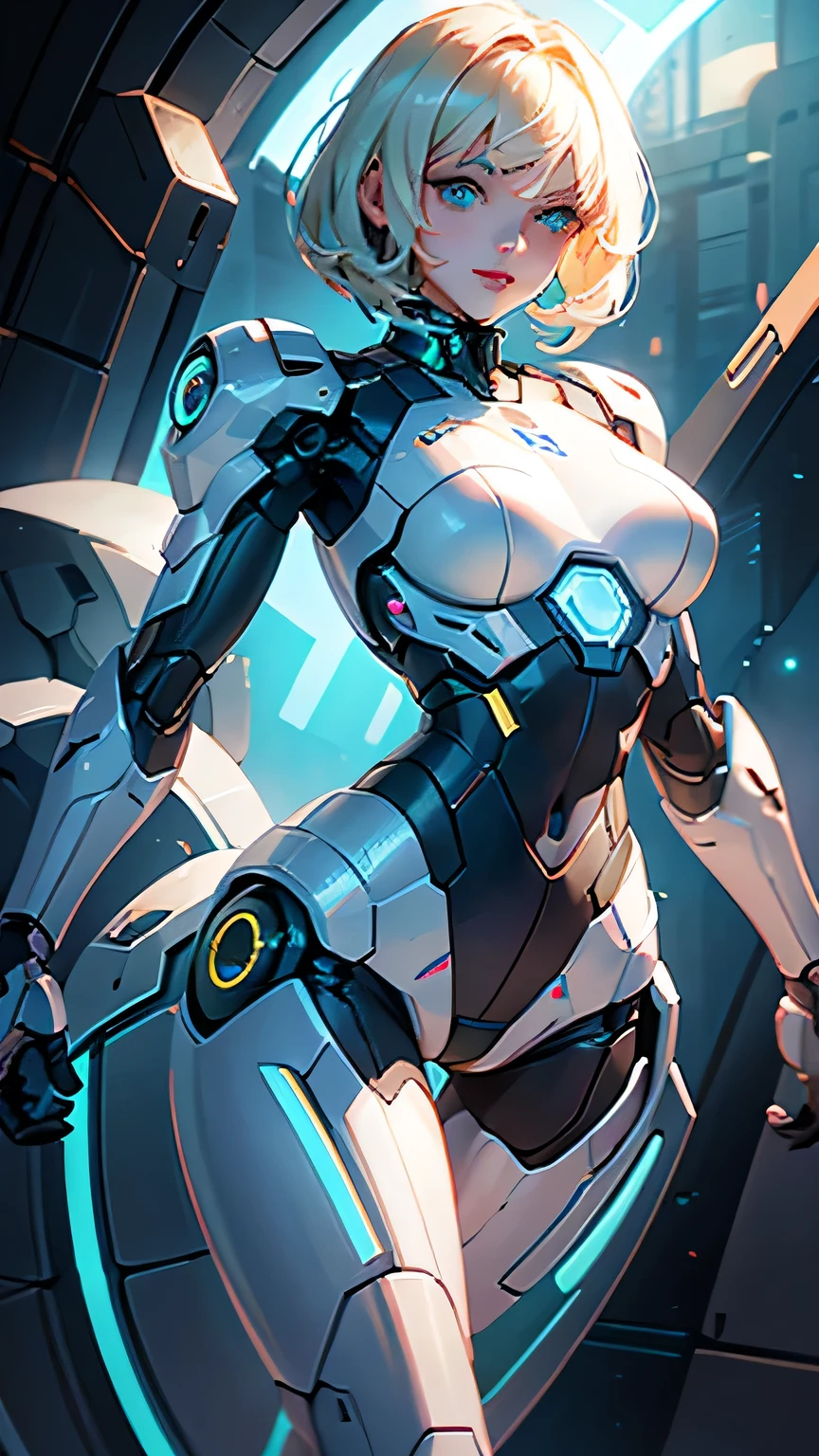 Beautiful cybernetic girl looking at camera in mobile cybernetic battle suit detailed muscles realistic masterpieces dynamic poses character sheet design