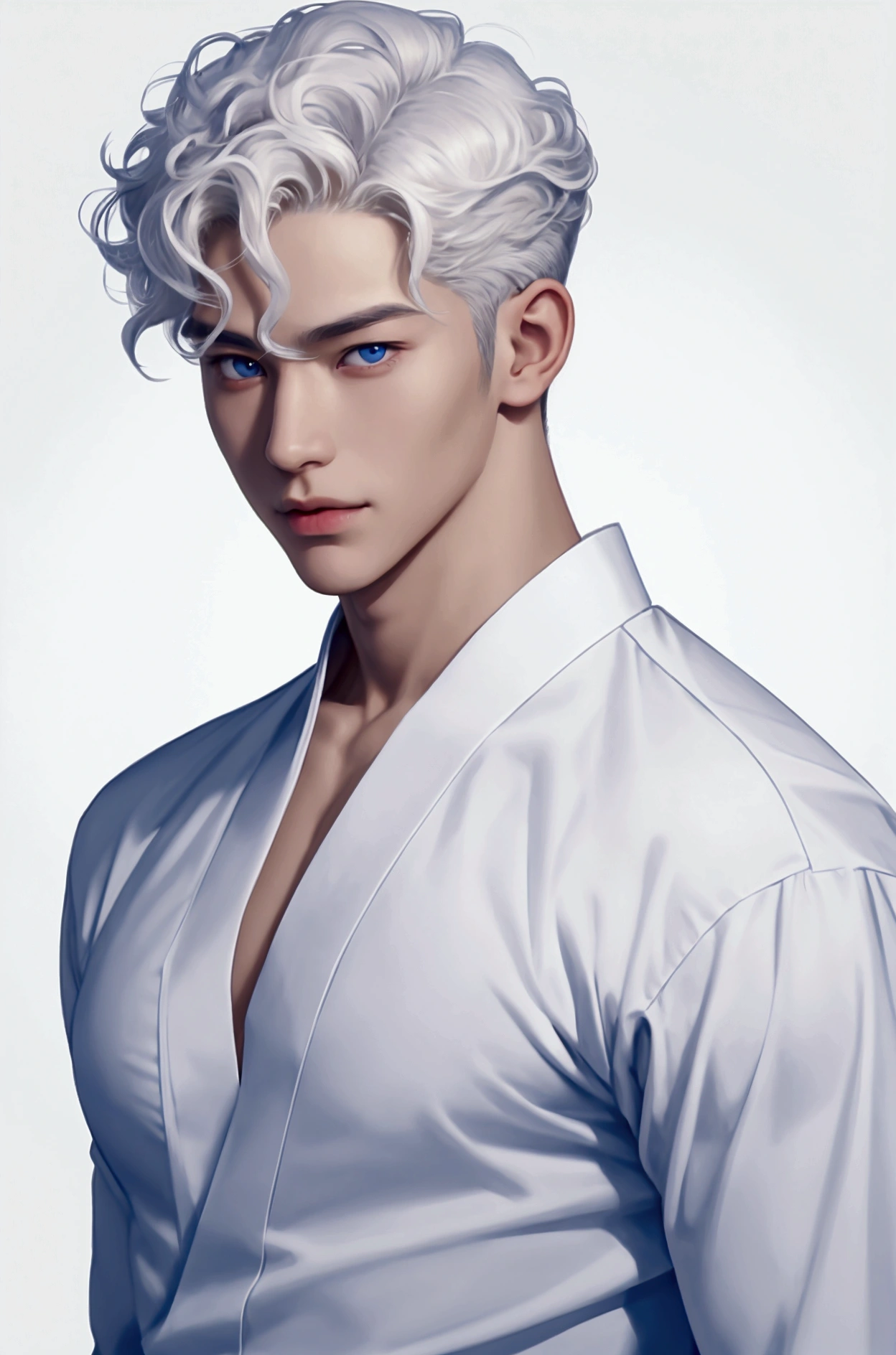a close up of a person with short hair and a white clothes, shinazugawa sanemi, shinazugawa sanemi from anime demon slayer, as an anime character, perfect anime face, he has white hair with bangs, male anime character, anime character, anime best man, hime cut hairstyle, white hair, purple eyes, smile, realistic, ultra detail, city background, (handsome face:1.3)