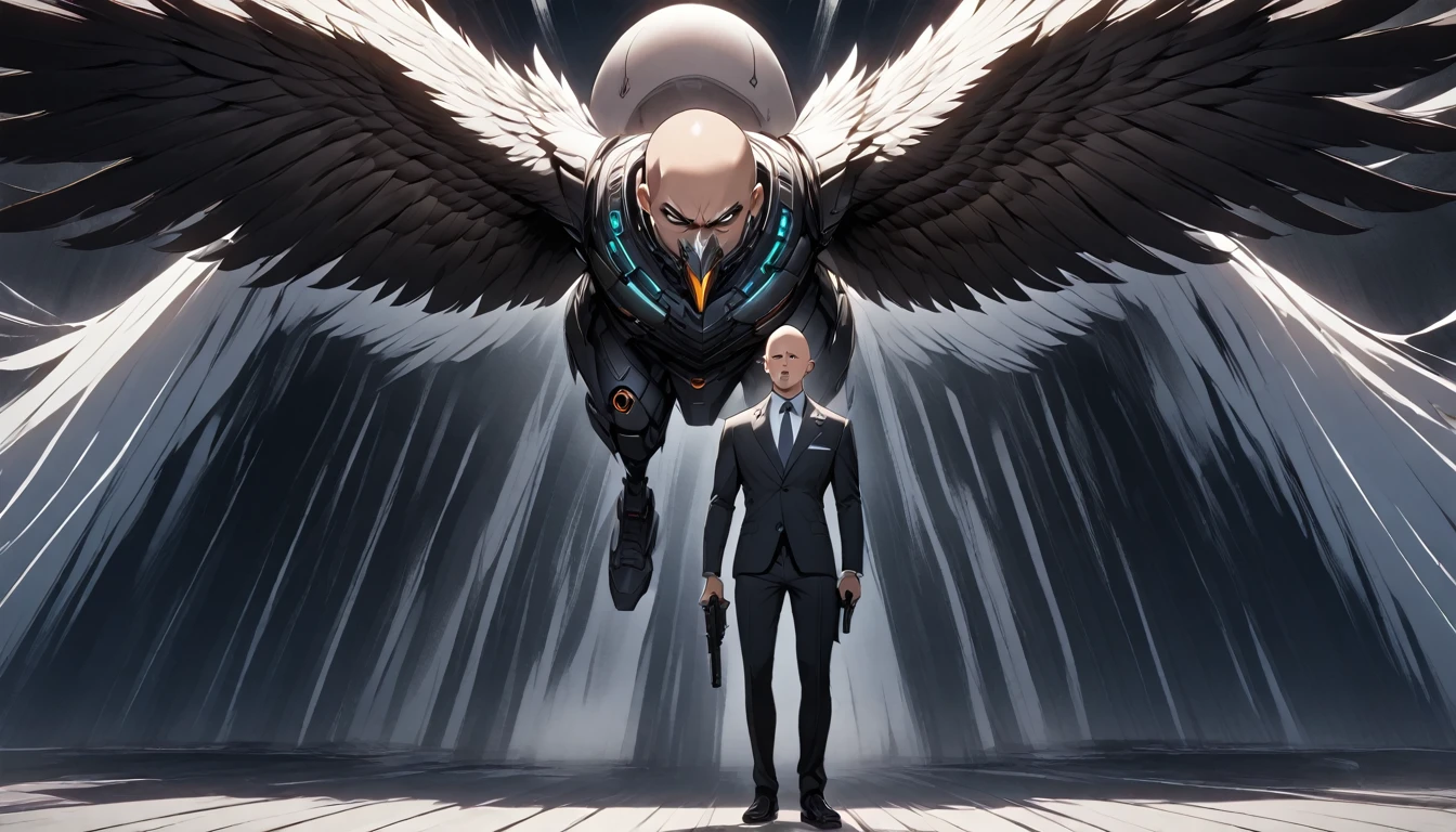 A bald man , suit dress,  white shirt with collar , standing,  Cyberkiller ,  full body , standing,  pointed an eagle pistol at me.