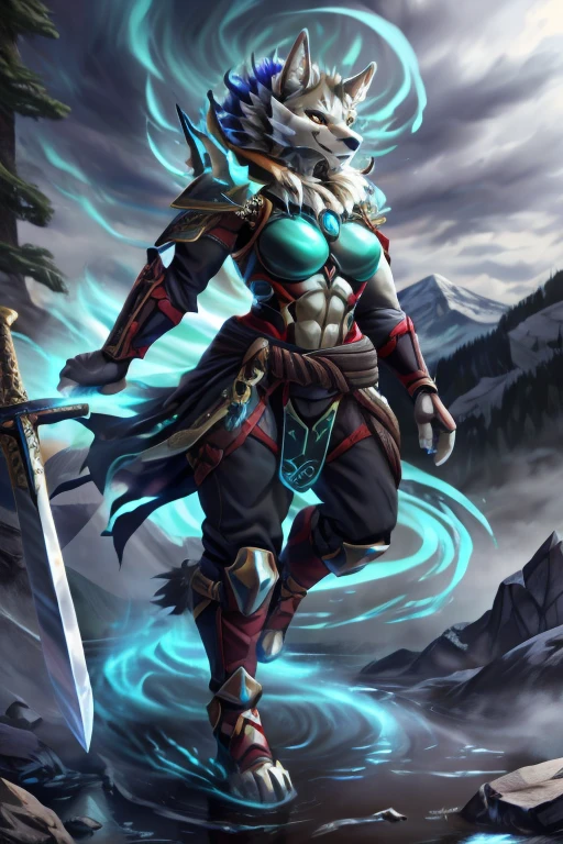 Female, Strong, Mantle of Air, Mountain forest, Wind Aura,  4k, High Quality, Looking at viewer, Full Body, Epic armor, Detailed Face, Detailed Body, sword, Tornado Aura