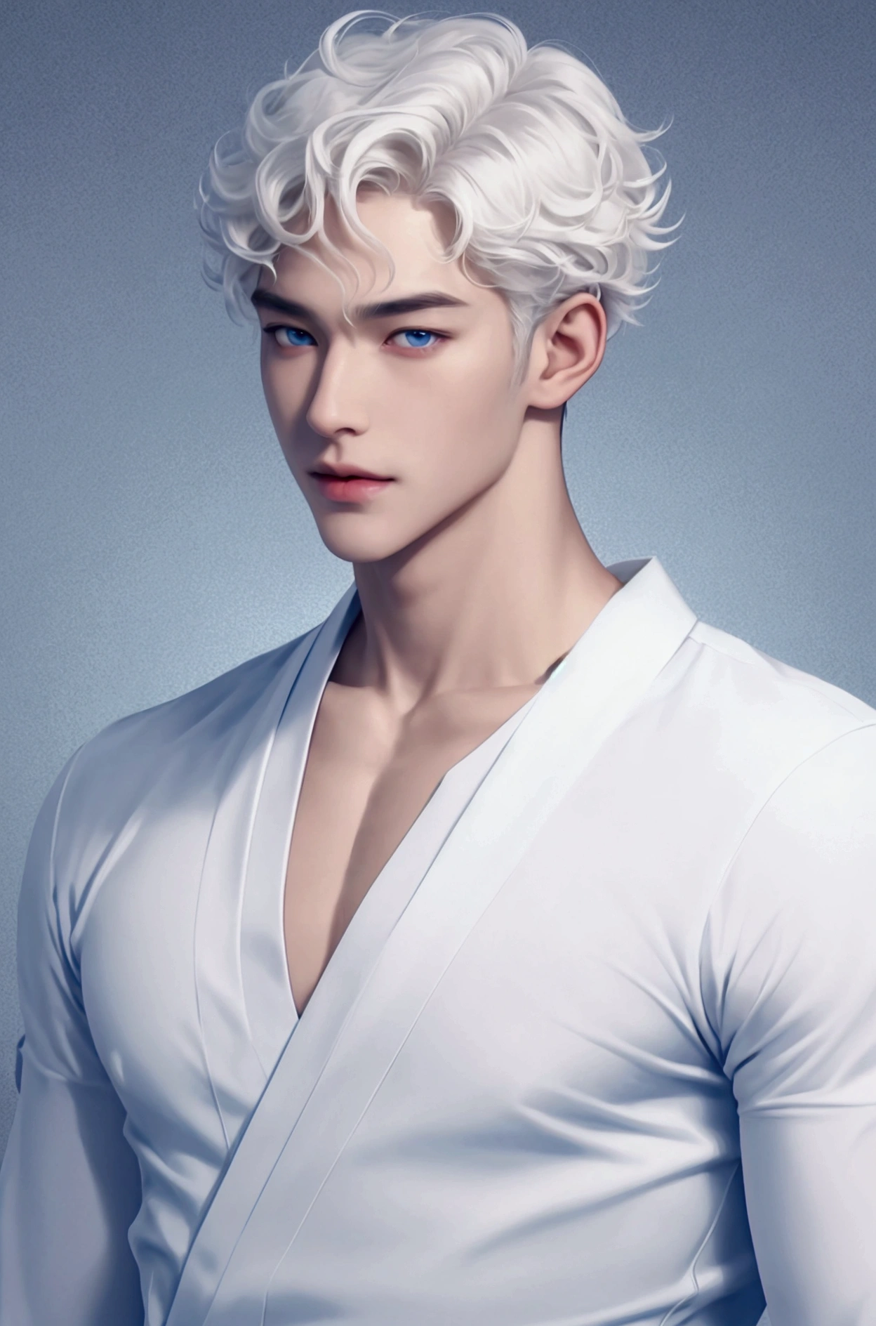 masterpiece, best quality, handsome 19 year old, fair skin male, medium length white hair, perfect face, chest abs, masculine, shoulder length white hair, blue eyes