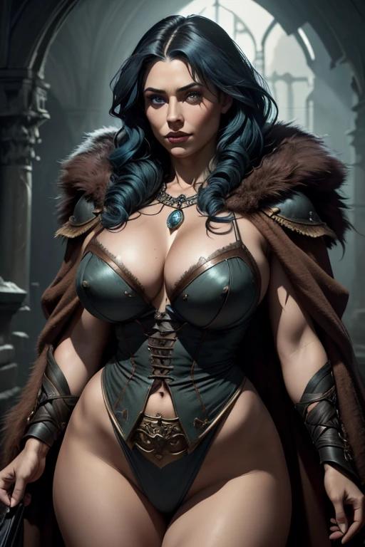 4 armed fae witch with long curly blue hair, lavender eyes, thin lips, round face, light gray skin, mystical being, enormous breasts, wide hips, thick thighs, wearing bear fur cloak, medieval witch attire, mystical creature, dark gloomy scene, (best quality,4k,8k,highres,masterpiece:1.2),ultra-detailed,(realistic,photorealistic,photo-realistic:1.37),HDR,UHD,studio lighting,ultra-fine painting,sharp focus,physically-based rendering,extreme detail description,professional,vivid colors,bokeh,dark fantasy,dark art,chiaroscuro,moody lighting