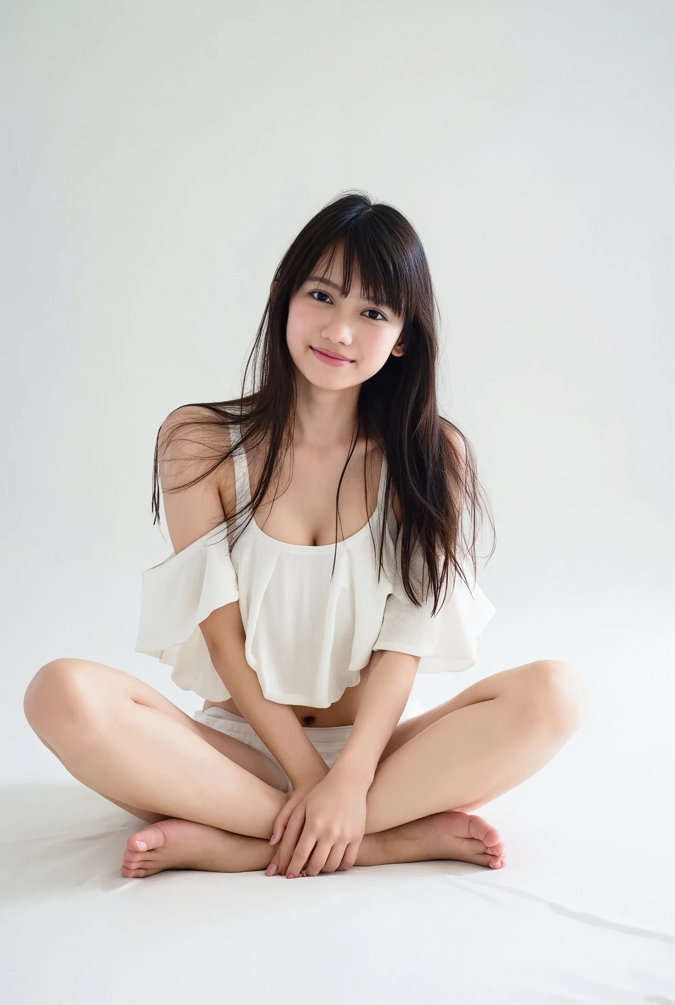 Full body shot from the front、Wear off-the-shoulder mini one-piece pajamas, bend your knees, spread your legs, take a cross-legged pose, and sit while looking at me, Slender bare legs 、smile、The background is a monotone 

