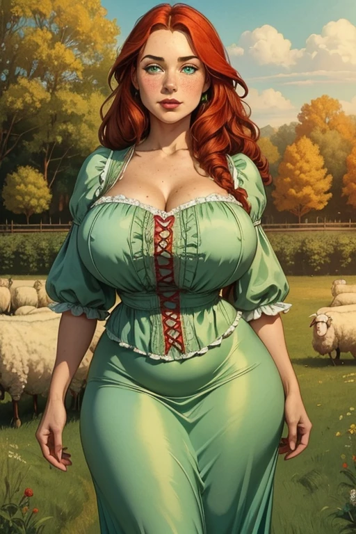 A 38 year old Victorian milf peasant woman, country woman, long curly red hair, emerald green eyes, freckles, plump lips, round face, fair and silky skin, enormous and bountiful breasts, wide hips, thick thighs, wearing a humble Victorian era peasant dress, rural setting, farm, sheep herding