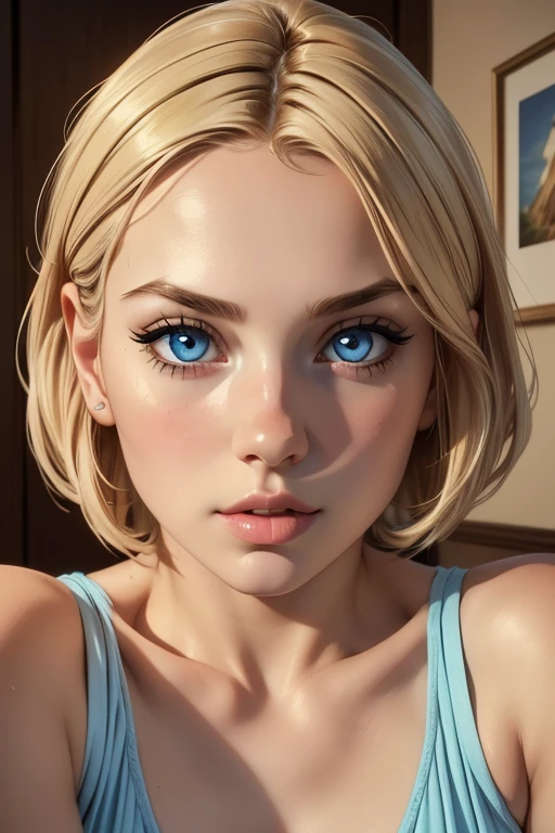 cute femboy, small breasts, wide hips, loli style, 18 years old, short silky blonde hair, blue eyes, thin lips, round face, beautiful detailed eyes, beautiful detailed lips, extremely detailed eyes and face, long eyelashes, 1 femboy, short tops and shorts, soft lighting, warm color tones, glowing skin, (best quality,4k,8k,highres,masterpiece:1.2),ultra-detailed,(realistic,photorealistic,photo-realistic:1.37), digital art, highly detailed, intricate, elegant, cute, portrait