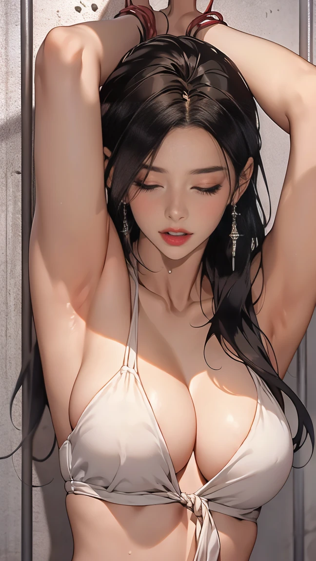 Best Quality}, { so beautiful }, { Very detailed }, { Best Illustration },  Browse Notes , realistic, masterpiece, Best Quality, ( Beautiful Eyes ), woman:1.5, 一位成熟woman, (Big Breasts:1.2), Sweat, night,  wet face, wet, earrings, Central opening,  Put your arm behind your body、hump, Big , Nipple Puff , Cutting, plump, Over , Over デカ尻  ,Wear Sexy Mini Bikini:1.3
 (Tie up the bag wrap :1.0) (Hair is light brown:1.0) (Head tied up in prison :1.3)
(Kneel down:0.3) (Hands raised high and tied up:1.3)  ( painful scream :1.5)(Close your eyes to sleep having nightmares :1.5)