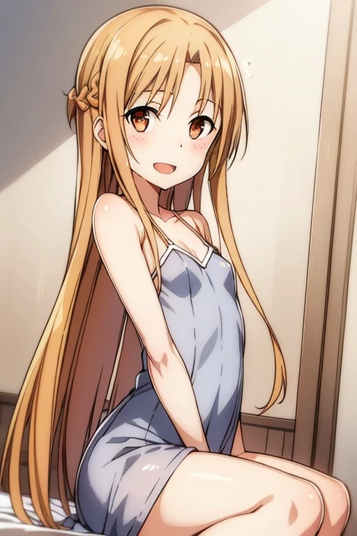 ((Best Quality)), ((masterpiece)), (be familiar with),  perfect face, indoor, bedroom,  watching viewers ,
One woman,  Asuna Yuki,
 characters with open mouth ,  ecstatic expression, blush, smile,
Small breasts,  flat chest, Young girl, Lori,  ,  girl,
Long Hair,  long hair ,
Leg spread,