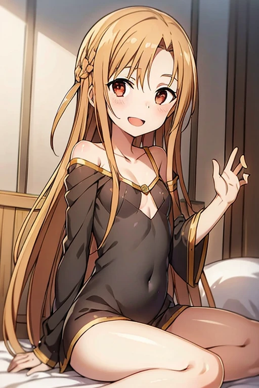 ((Best Quality)), ((masterpiece)), (be familiar with),  perfect face, indoor, bedroom,  watching viewers ,
One woman,  Asuna Yuki,
 characters with open mouth ,  ecstatic expression, blush, smile,
Small breasts,  flat chest, Young girl, Lori,  kids,  girl,
Long Hair,  long hair ,
Leg spread,