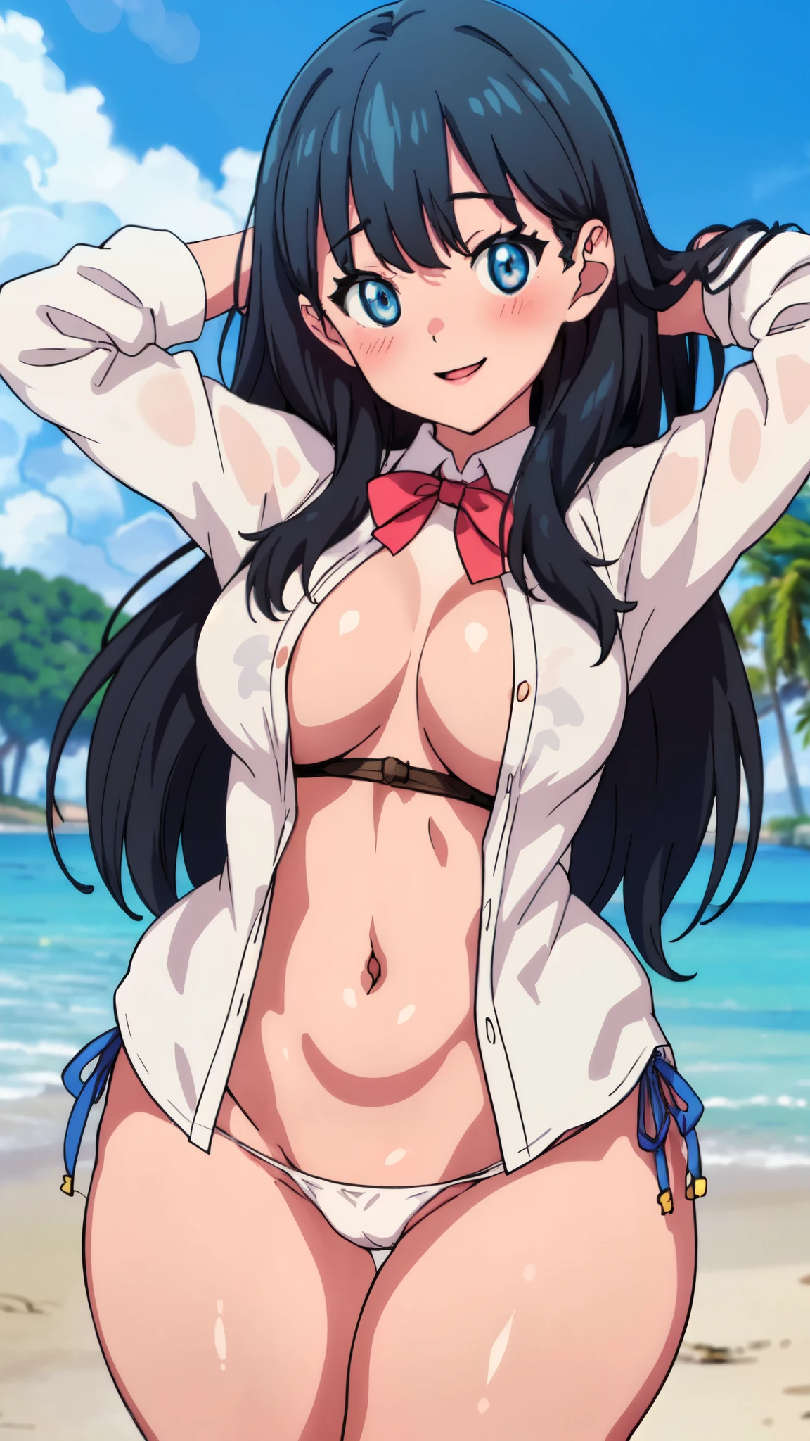 ( PERFECT BODY ),Best Quality,( 8K Portrait ),(Official Art)、(nsfw)、 woman 、 one girl playing pranks、( embarrassing、smile:1.5)、((blush、 hands behind their heads、 elementary school girl with no panties ))、(Big Breasts:1.3)、(( THICK THIGS ))、(long hair:1.3)、( white shirt)、(( white leotard ))、(( open shirt ))、(Black Hair、 blue eyes)、( beach )