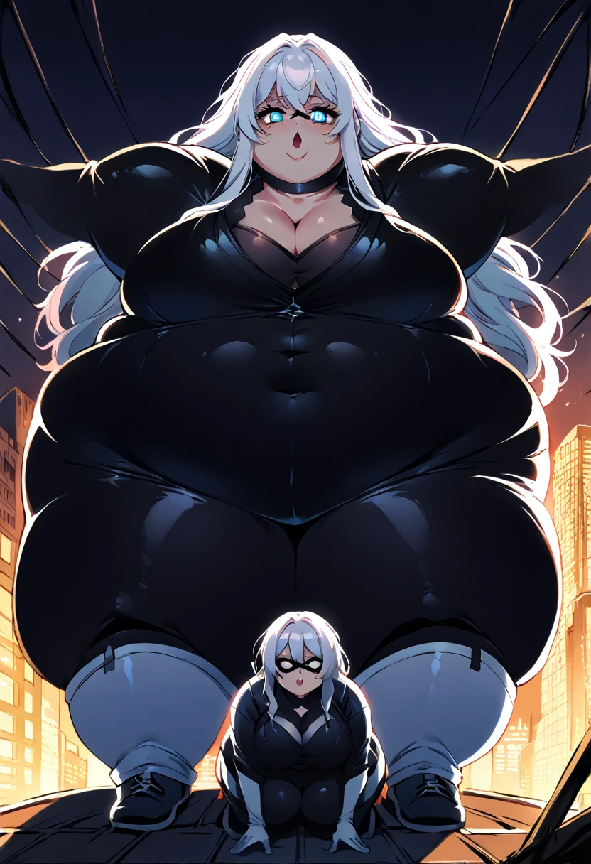 score_9,score_8_up,score_7_up,score_6_up,score_5_up,score_4_up,score_anime, (high quality, 4K, high contrast, artwork:1.2), best aesthetics, BREAK ((1 obese woman)), (a white hair woman in a black bodysuit and small mask in eyes), obese body, long wavy white hair, blue eyes, BREAK sensual, mature body, highly detailed face, highly detailed eyes, highly detailed mouth, BREAK sexy body, perfect breasts, medium breasts, perfect wide thighs, cleavage, BREAK (white gloves, white fur details around the neckline and gloves:1.1), sensual facial expression, BREAK New York City rooftop, kneeling, squatting, crouching, dimly lit, midnight.