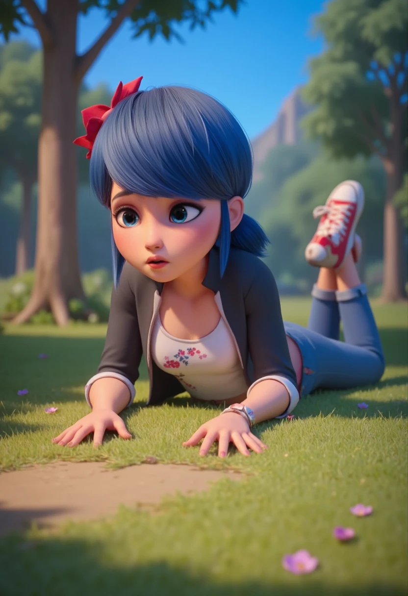 Blue Navy hair, Blue Sky Eyes, Low Twintails, Ruby Red sneakers, lying, on stomach, leg up, leg down, park, grass, 1girl, , Marinette Dupain-Cheng, tight jeans, pink pants, white shirt, black jacket, beautiful cute girl