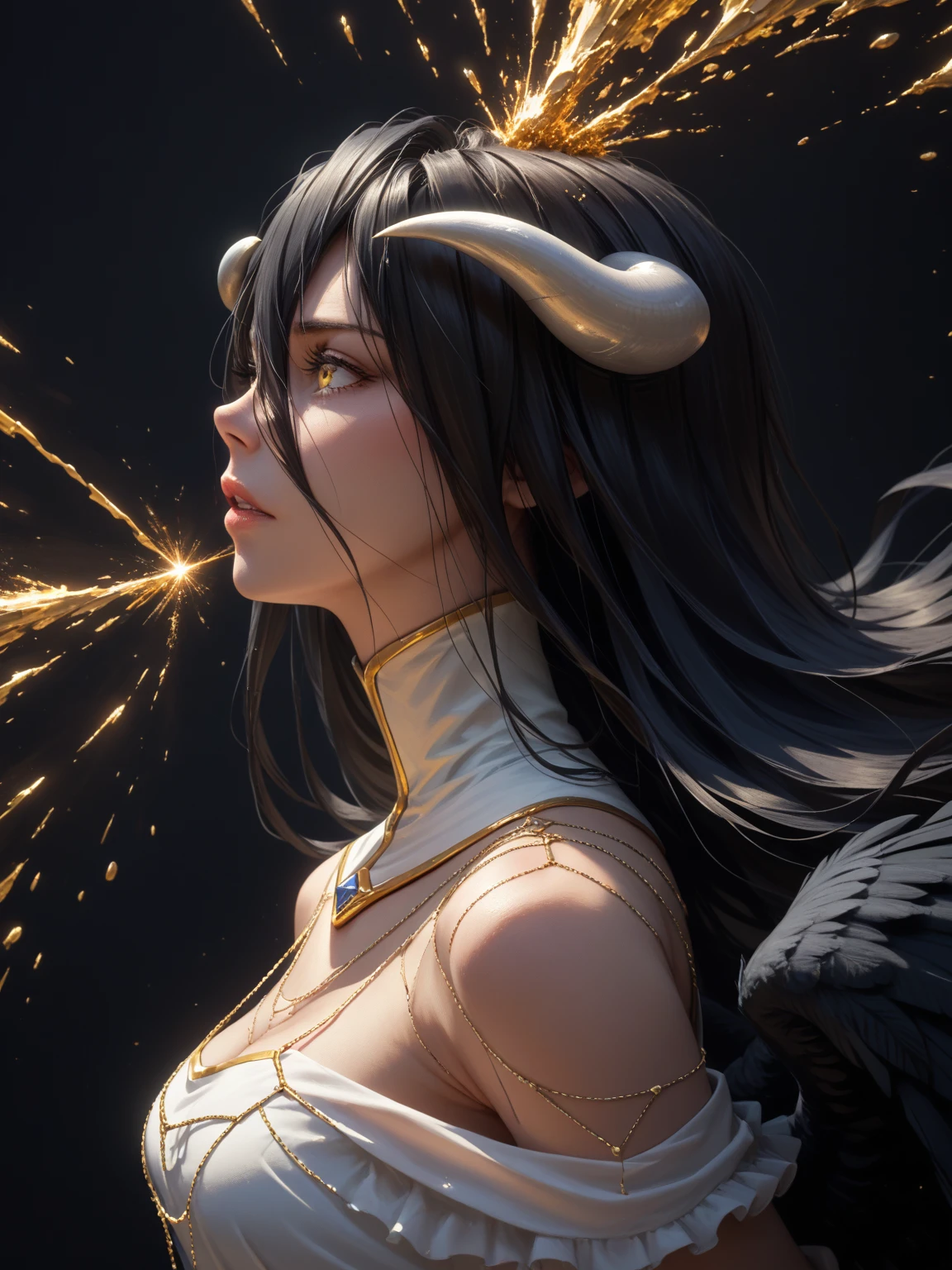  high resolution , sharp focus,  Pixiv, (( Intricate Details)), highly detailed, 1 , Black wings,  Gold-white dress ,  white horns , albedo_supreme lord,  black hair , (low,:1.1),  upper body , black background, Gold Dust, Golden sparks, Gold Particles , (( arms behind your back)), 