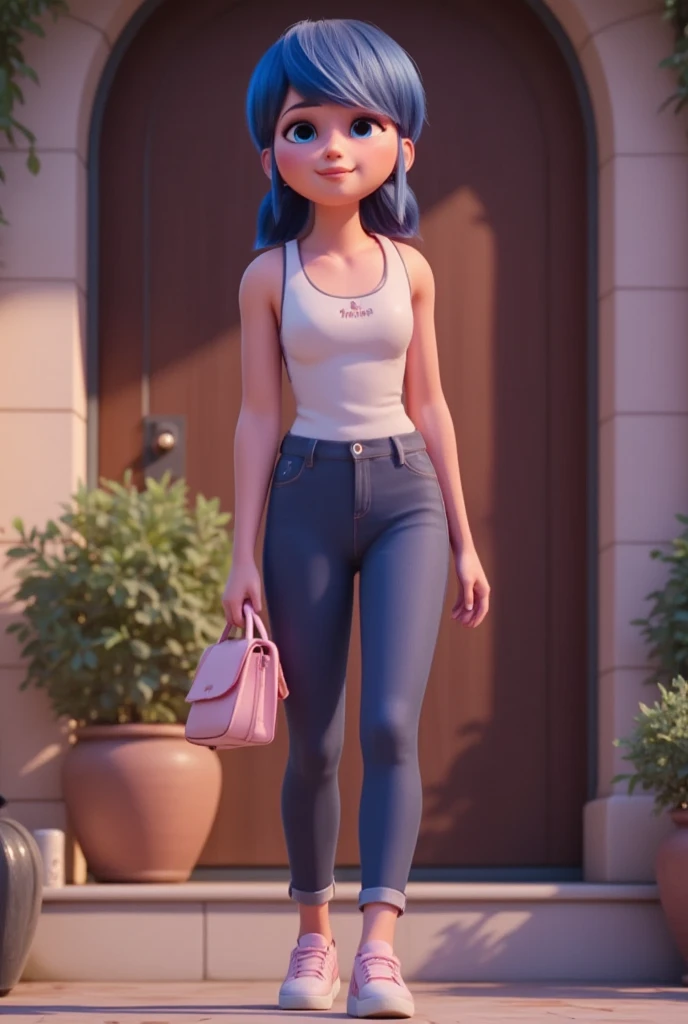 low twintails, front hair left, Blue light eyes, white sleeveless shirt, pink sneakers, smile, teenage, Marinette Dupain-Cheng, Dark blue hair, standing, tight jeans, pink pants, black jacket, beautiful cute girl, cute smile, 1 girl, full body, back, light pink handbag,