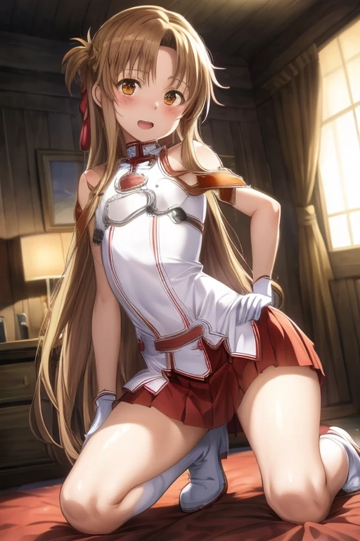 ((Best Quality)), ((masterpiece)), (be familiar with),  perfect face, indoor, bedroom,  watching viewers ,
One woman,  Asuna Yuki,
 characters with open mouth ,  ecstatic expression, blush, smile,
Small breasts,  flat chest, Young girl, Lori,  kids,  girl,
Long Hair,  long hair ,
Leg spread,