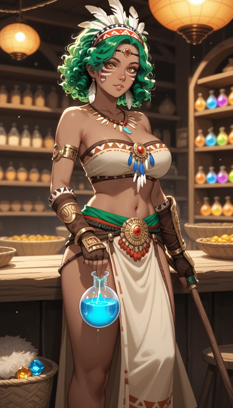 NSFW, Blacklight, Ultraviolet, Solo, dark skinned woman, mature, curvy, busty, curly hair, medium length hair, glowing hair, deep green hair, black scleras, golden colored eyes, Glowing Markings On Body, Feathered Tribal Headband, Feathered Tribal Shopkeeper Clothes, Various Wares For Sale, ((holding a glowing potion)), Bag of Trinkets, Tribal Makeup, Pocketed Cloth Pants, Jeweled golden necklaces, Jeweled gauntlets, Golden Headdress, Gemstones Embedded In Headdress, Tribal Shop Backdrop 