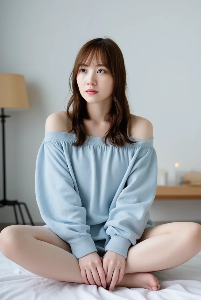 Full body shot from the front、Wear off-the-shoulder mini one-piece pajamas, bend your knees, spread your legs, take a cross-legged pose, and sit while looking at me, Slender bare legs 、smile、The background is a monotone 

