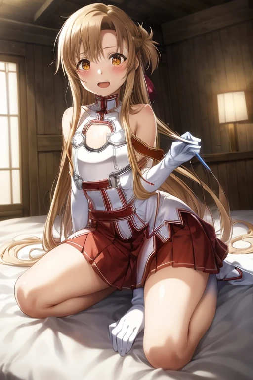 ((Best Quality)), ((masterpiece)), (be familiar with),  perfect face, indoor, bedroom,  watching viewers ,
One woman,  Asuna Yuki,
 characters with open mouth ,  ecstatic expression, blush, smile,
Small breasts,  flat chest, Young girl, Lori,  kids,  girl,
Long Hair,  long hair ,
Leg spread,