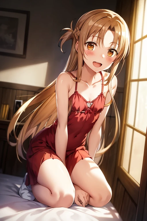 ((Best Quality)), ((masterpiece)), (be familiar with),  perfect face, indoor, bedroom,  watching viewers ,
One woman,  Asuna Yuki,
 characters with open mouth ,  ecstatic expression, blush, smile,
Small breasts,  flat chest, Young girl, Lori,  ,  girl,
Long Hair,  long hair ,
Leg spread,