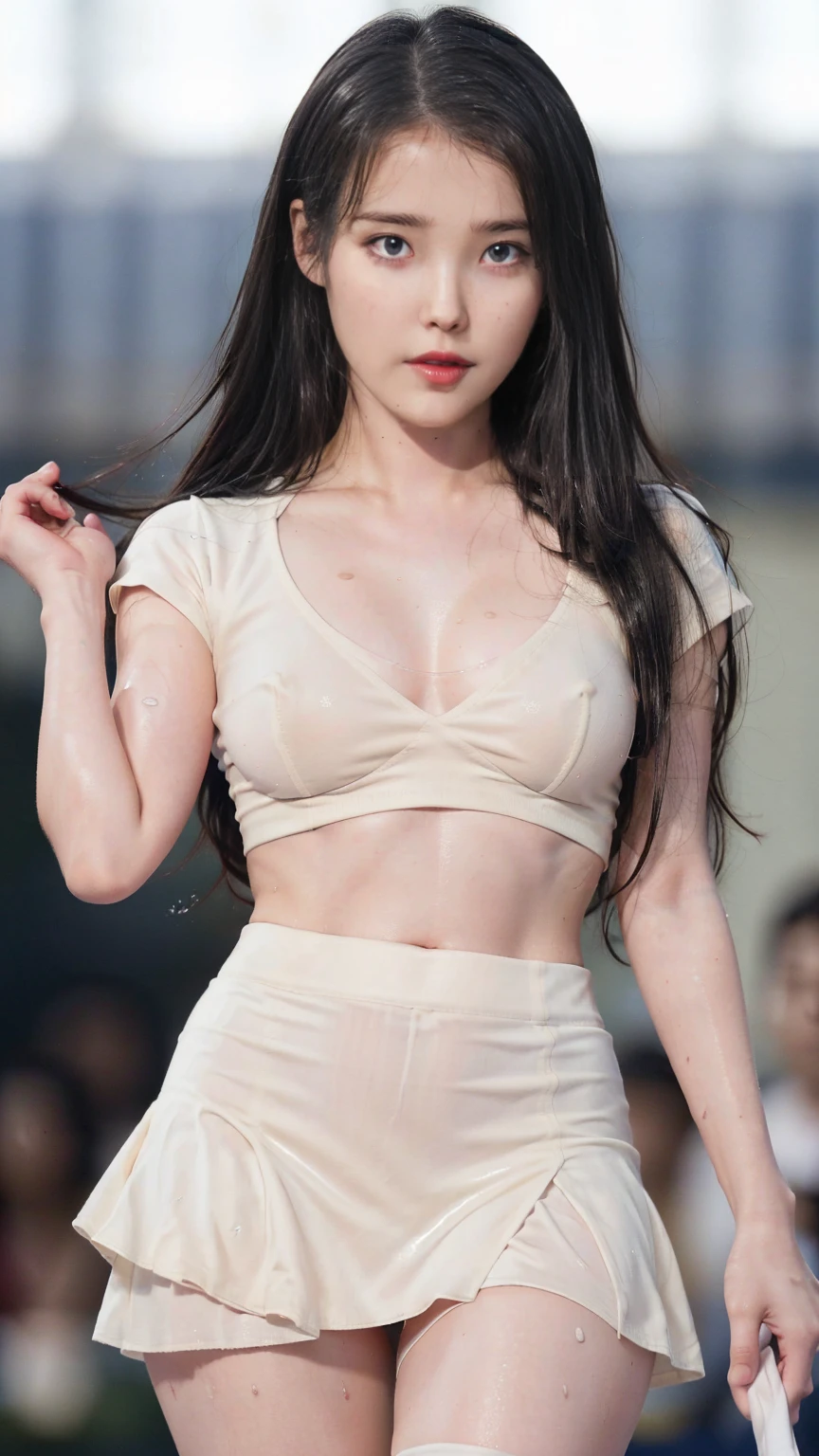 RAW, Best quality, high resolution, Masterpiece: 1.3), Beautiful IU, Masterpiece, ((sweat, sweaty, sweaty skin, wet skin, sweat droplets, wet body, wet face)), long hairstyle, Perfect slim body, Beautiful big eyes, Watery eyes, Soft smile, Wet lips, Big breasts, wearing random kpop shirt, (アンダースコート kpop deep slit underskirt, slit skort:1.2), (((skort:1.4))), perfect body, wide hips, thick thighs, ((she is enjoy her kpop show on a kpop ceremony stage, her sweaty clothes trigger attention on nipple shimmering and visible breastpit through her wet clothes)), (((sexy seductive view, sexy seductive pose))), bright lighting, happy, 8k, high quality, beam lighting