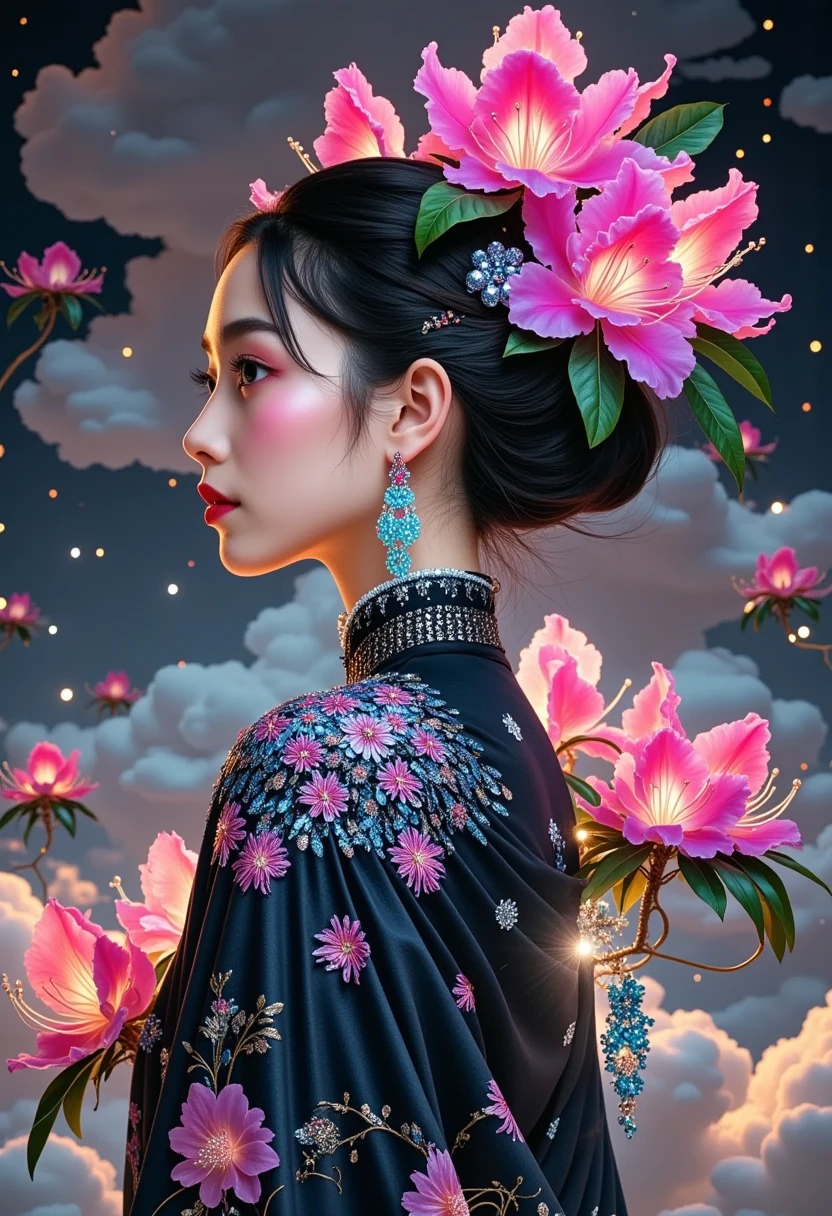 (masterpiece, best quality:1.2), 1girl, Mori Yukie, Dale Chihuly, fashion magazine cover, Wlop, Alphonse Mucha, Hsiao Ron Cheng, mineral pigment digital painting, textured matte, dark fantasy, new 3D ancient Chinese style, William Morris, Josef Frank, image of a rhododendron fairy with earrings in clouds, in the style of realistic yet romantic, fairycore, black paintings, baroque elegance, 32k UHD, exaggerated facial features, Chinese style lighting, 3D particles, Gustav Klimt, sequins, bioluminescence, luminous particles, James Turrell, Nick Veasey, ultra high definition pixels, full body, film grain