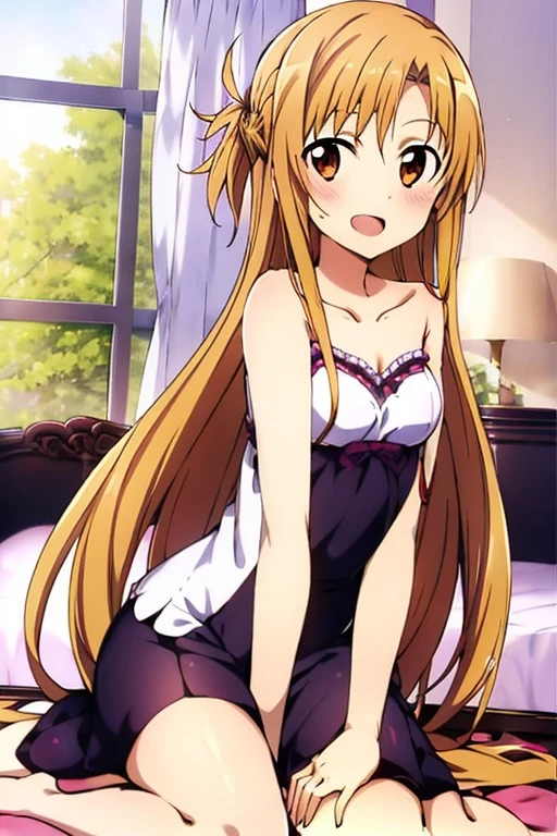 ((Best Quality)), ((masterpiece)), (be familiar with),  perfect face, indoor, bedroom,  watching viewers ,
One woman,  Asuna Yuki,
 characters with open mouth ,  ecstatic expression, blush, smile,
Small breasts,  flat chest, Young girl, Lori,  kids,  girl,
Long Hair,  long hair ,
Leg spread,