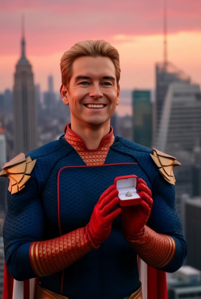 Homelander wearing a superhero outfit with a cape, blonde hair, blue eyes, red gloves, down on one knee, holding a small box with a diamond ring inside, proposing to the camera, POV proposal, 1boy, ((((((((((((((((((solo)))))))))))))))))), (((smiling))), full body, on the roof of a building in New York City, beautiful red sunset, picturesque, 4k, masterpiece, ((((looking at the camera)))), happy