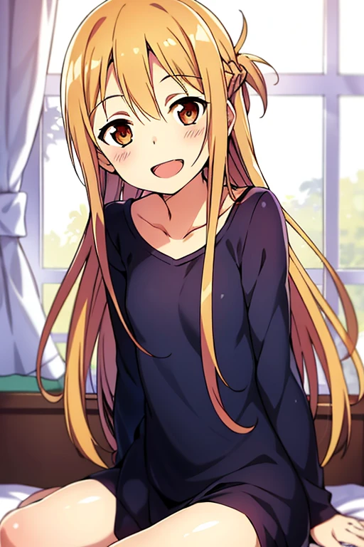 ((Best Quality)), ((masterpiece)), (be familiar with),  perfect face, indoor, bedroom,  watching viewers ,
One woman,  Asuna Yuki,
 characters with open mouth ,  ecstatic expression, blush, smile,
Small breasts,  flat chest, Young girl, Lori,  kids,  girl,
Long Hair,  long hair ,
Leg spread,