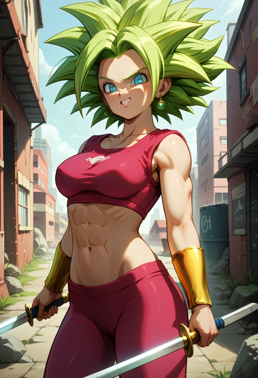 ((Black line work )),  detailed line work , Slim abs, (( masterpiece )), ((Golden ratio)), ((dynamic)), ((natural)) (( The best quality)), ((ultra-detailed)), (( kefla dragon ball super )), {1 woman}, {neon green hair}, {Super Saiyan}, { Dragon Ball Super character style },  blue eyes , green earrings {{sexy}},  sexy and busty female superhero in the style of Deadpoo , wearing a tight suit ,  holding swords ,  adopting an attractive and safe pose , with a big one, Trasero bien formado, ( city background in a cyberpunk style alley 
