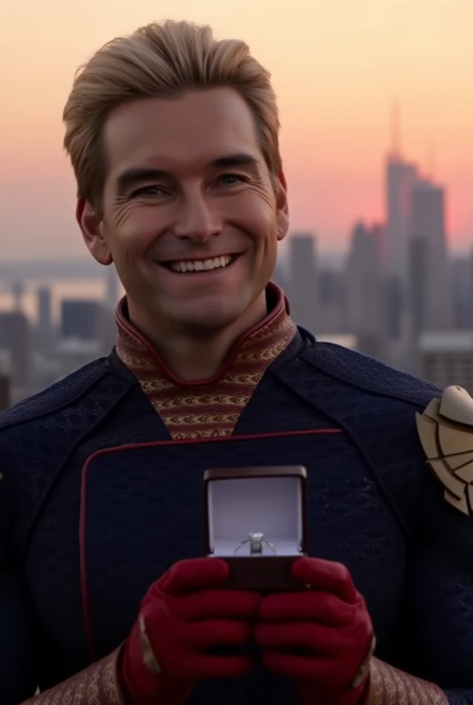 Homelander wearing a superhero outfit with a cape, blonde hair, blue eyes, red gloves, down on one knee, holding a small box with a diamond ring inside, proposing to the camera, POV proposal, 1boy, ((((((((((((((((((solo)))))))))))))))))), (((smiling))), full body, on the roof of a building in New York City, beautiful red sunset, picturesque, 4k, masterpiece, ((((looking at the camera)))), happy