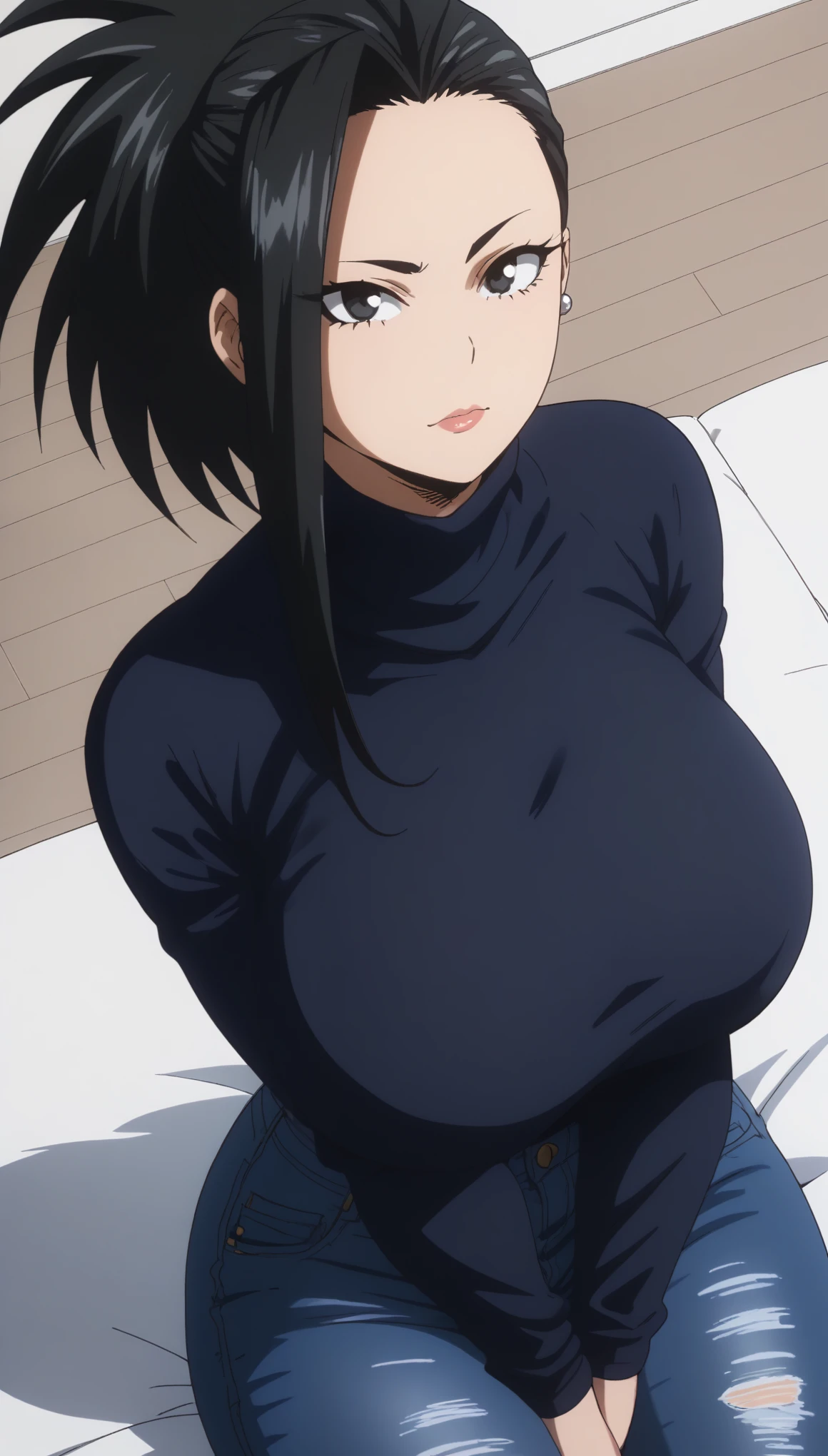 Expressiveh, Momo Yaoyorozu, looking at viewer, huge ass, cold stare, sexy, huge breasts,score_9, score_8_up, score_7_up, black hair, spiky hair, long bangs, hot goddess woman, source_anime, haughty, front angle view, muscled thighs, 80swa, shiny skin, wet, oily, sweaty, perfect face, beautiful girl, beautiful face , black eyes, huge ass, perfect rounded ass, Expression naughty bitch, prostitute, whore, strapless turtleneck sweater, jeans, in the living room, piercing lips, making a cute angry pout, legs slightly open, legs slightly open, front view