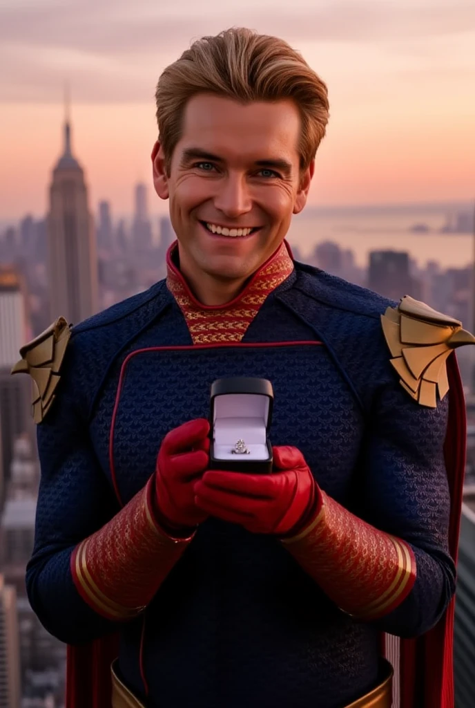 Homelander wearing a superhero outfit with a cape, blonde hair, blue eyes, red gloves, down on one knee, holding a small box with a diamond ring inside, proposing to the camera, POV proposal, 1boy, ((((((((((((((((((solo)))))))))))))))))), (((smiling))), full body, on the roof of a building in New York City, beautiful red sunset, picturesque, 4k, masterpiece, ((((looking at the camera)))), happy