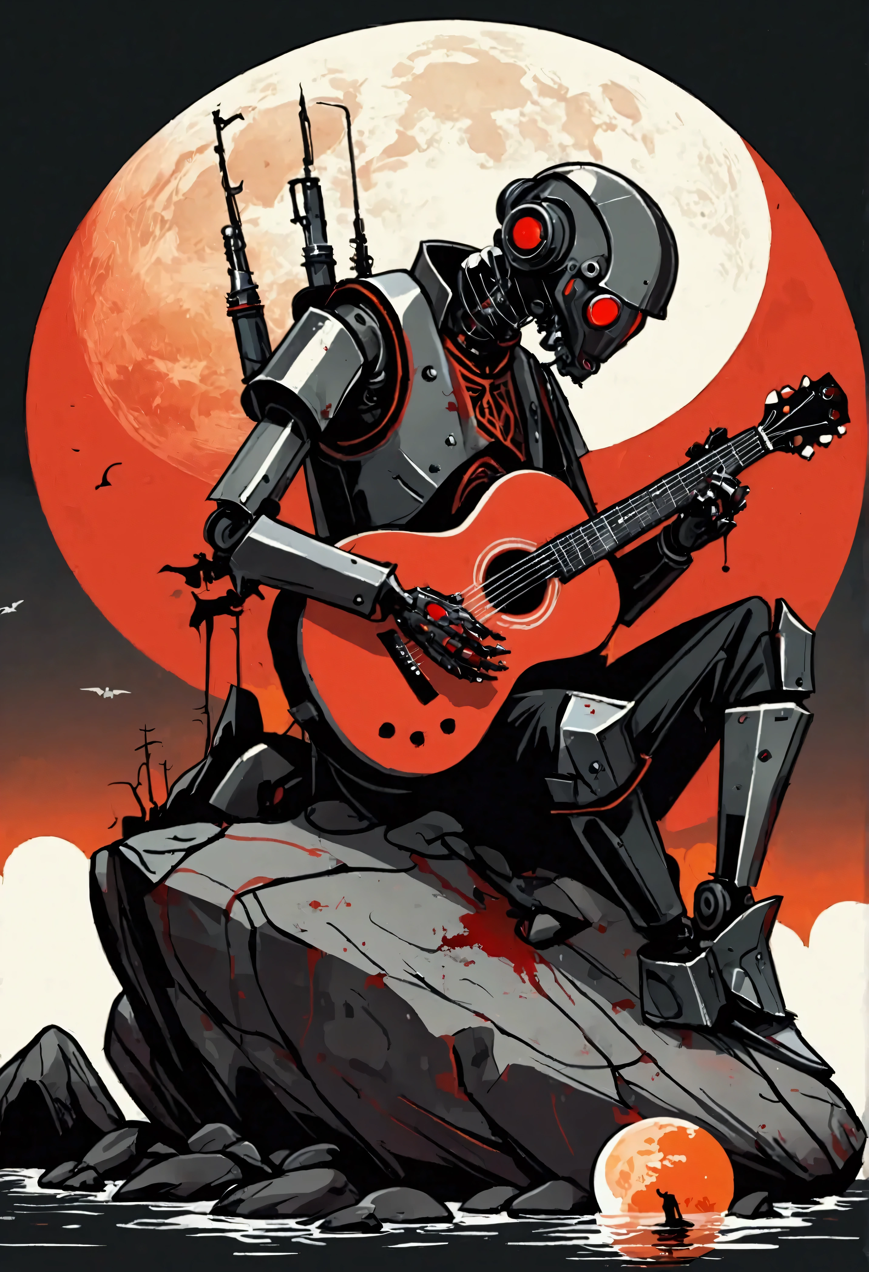 1 pzsj1, (flat, user interface vector style), (world in a bottle), wasteland,(A very poor old mech sitting on a rock playing guitar:1.3),(the guitar player),(Sitting:1.2),rust,Wearing tattered armor,Viewers in the distance,Gothic,(Concert scene),(Gothic Stage:1.5),(Blood red moon),Gothic elements,wildfires,cold,gloomy, (simple illustration), (smooth line art: 1.2), (minimalism), white background, (graphic design aesthetics), (flat illustration), (Plane illustration)