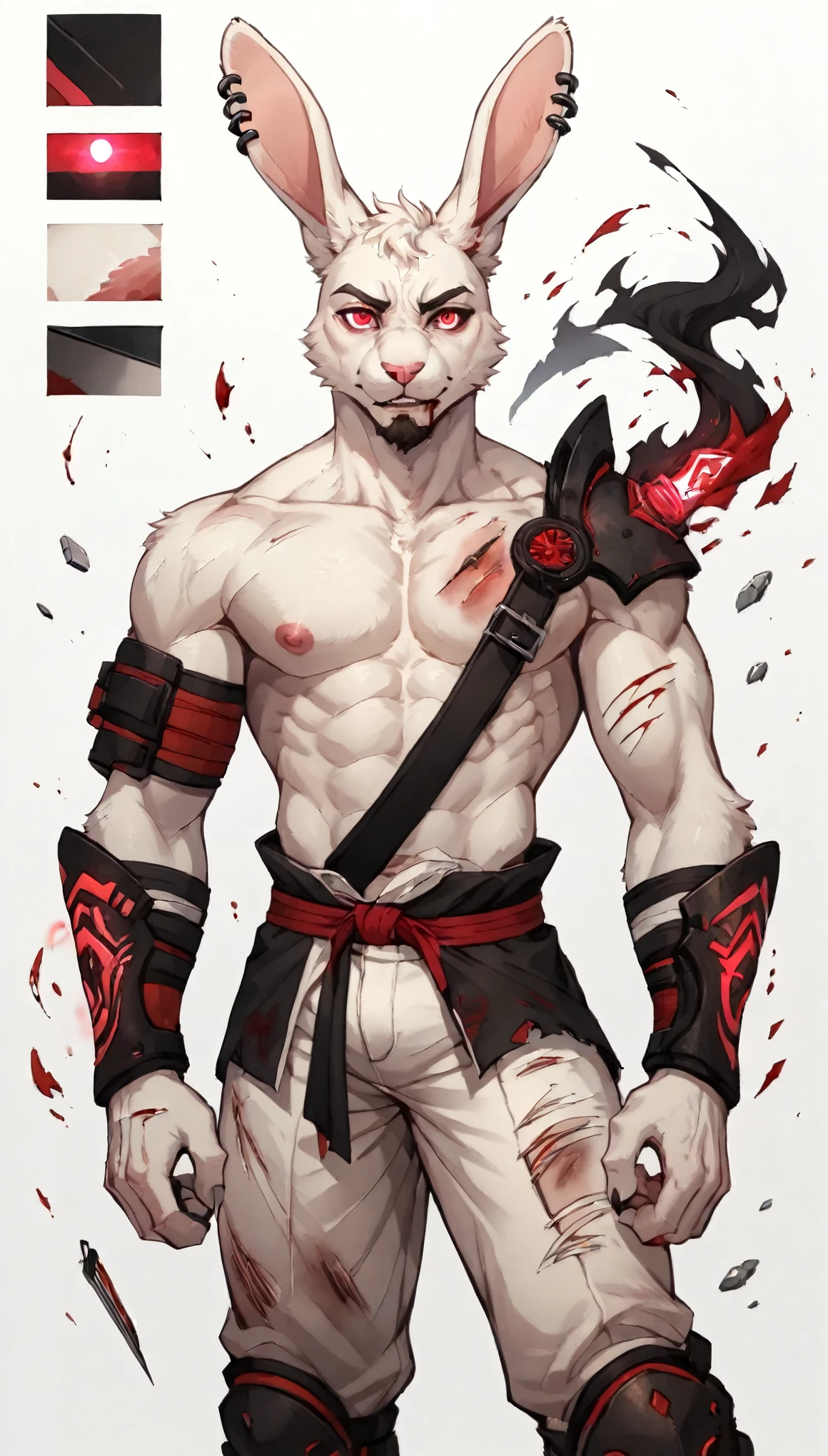 Solo, Emotionless, Masculine rabbit Man, ((furry)), albino fur, glowing red eyes, ((eye focus)), goatee, ((Visible Ki Charging)), long pierced ears, bunny tail, Lepori Monk, Martial Artist, Shirtless With One Shoulder Armored, Rabbit Furry, Wounded, Bleeding Heavily, Bruises, Injured, Ripped Pants, ((Levitating, Charging Energy)), white background, character design sheet 