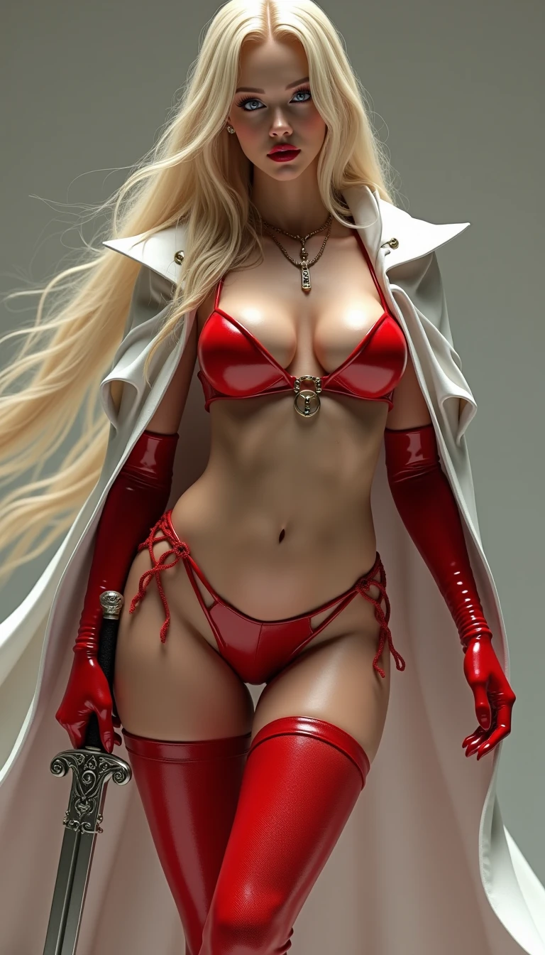 gothic、She is wearing a red studded PVC corset、knee high boots