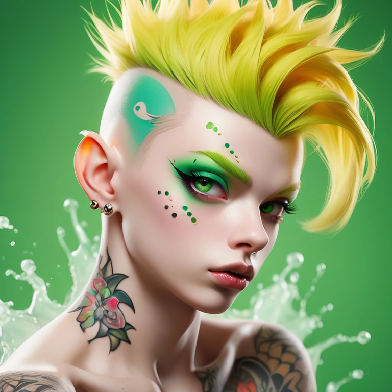 
 Alberto Seveso style portrait of a cute Russian boy , best quality, Super detailed,   Photorealistic  , white colors, albino, punk boy , school heartthrob !  detailed eyes ,  upper body , Luxurious Punk Hair, Avant-garde punk fashion, Avant-garde makeup,   several piercings  ,  Gold jewelry ,Heavily tattooed body, 3D Colored Tattoos, Abstract background,  backlight  effect,  shallow depth of field , green background" meticulous,  analog style , emphasis on the eyes,  top quality,  very detailed skin,  photos of a very beautiful Russian punk , Perfectly cute face, skin pores,  penetration  , green background, hips , clear focus, grainy lighting,  backlight  ,high film grain, сфотографирован камерой Sony A7R IV, 18мм F/1.7 cinema lenses,  very detailed, detailed finish , 8 thousand., HDR, front view,  upper body  .