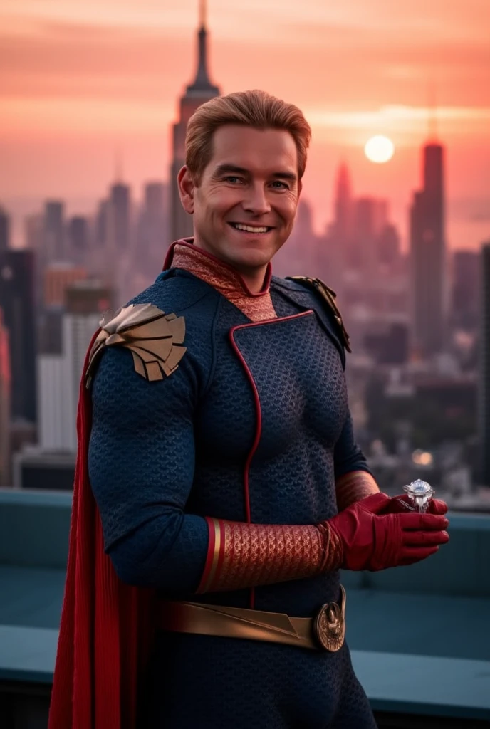 Homelander wearing a superhero outfit with a cape, blonde hair, blue eyes, red gloves, down on one knee, holding a small box with a diamond ring inside, proposing to the camera, POV proposal, 1boy, ((((((((((((((((((solo)))))))))))))))))), (((smiling))), full body, on the roof of a building in New York City, beautiful red sunset, picturesque, 4k, masterpiece, ((((looking at the camera)))), happy