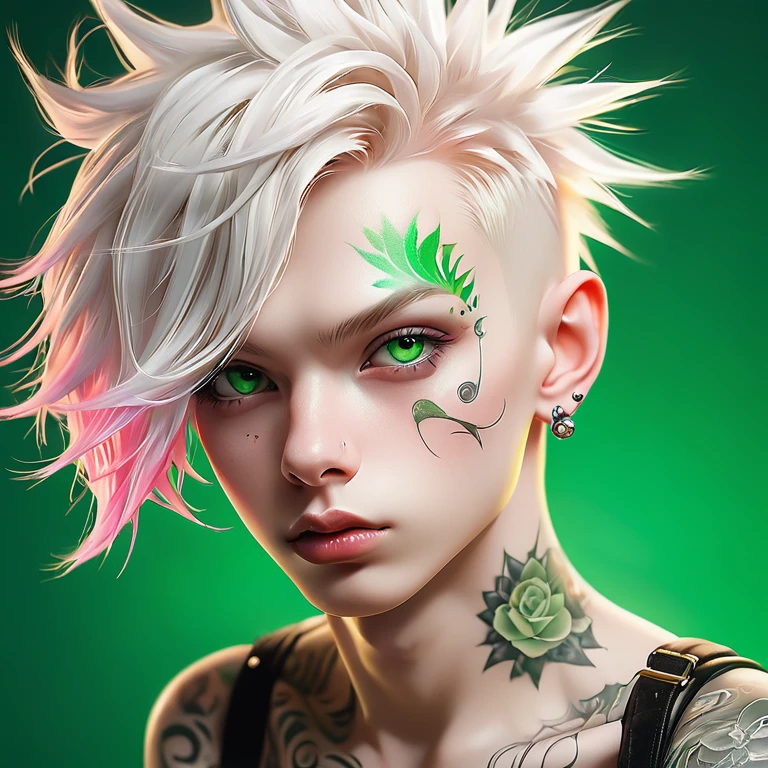 
 Alberto Seveso style portrait of a cute Russian boy , best quality, Super detailed,   Photorealistic  , white colors, albino, punk boy , school heartthrob !  detailed eyes ,  upper body , Luxurious Punk Hair, Avant-garde punk fashion, Avant-garde makeup,   several piercings  ,  Gold jewelry ,Heavily tattooed body, 3D Colored Tattoos, Abstract background,  backlight  effect,  shallow depth of field , green background" meticulous,  analog style , emphasis on the eyes,  top quality,  very detailed skin,  photos of a very beautiful Russian punk , Perfectly cute face, skin pores,  penetration  , green background, hips , clear focus, grainy lighting,  backlight  ,high film grain, сфотографирован камерой Sony A7R IV, 18мм F/1.7 cinema lenses,  very detailed, detailed finish , 8 thousand., HDR, front view,  upper body  .