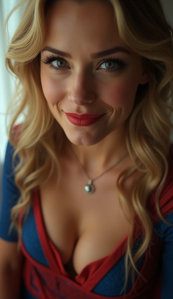 Supergirl , perfect costume, brilliant blue eyes, perfect body, red cape, smooth curves, beautiful face , seductive blond hair