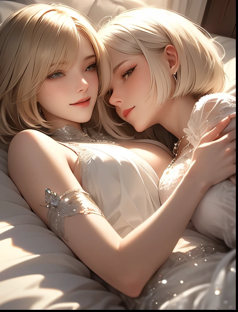 Xianxia,2girls,White hair,Purple eye,glowing light eyes,Cut the top,a skirt,parted lip,Be red in the face,the night,fresh flowers,suns,rays of sunshine,The two girls kissed each other,One girl pressed the other girl to the bed,Look at each other affectionately,cultivating immortals --auto