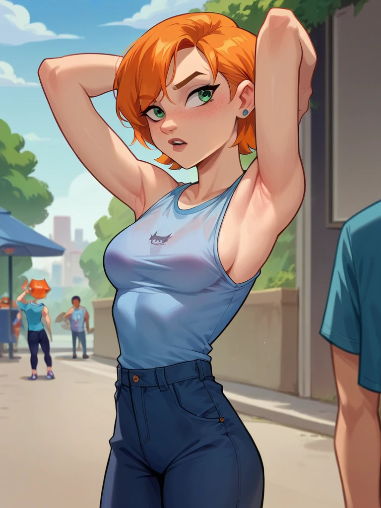 Gwen Tennyson, short orange hair ,  blue sleeveless shirt arms up you can see your armpits,  pants whiteHigh resolution ,  a girl,  masterpiece , growing medium breasts  