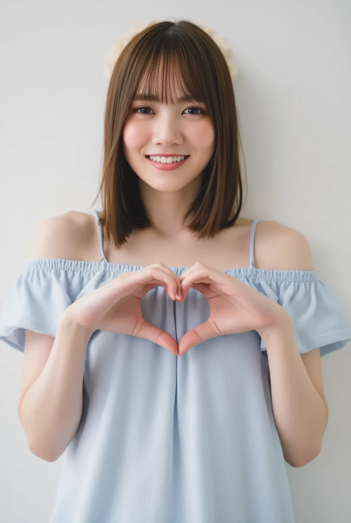 Only one woman with a cute smile wears cute, fluffy off-shoulder pajamas, makes a big heart shape with both hands, and poses them in front of her chest, View above collarbone、The background is a monotone 

