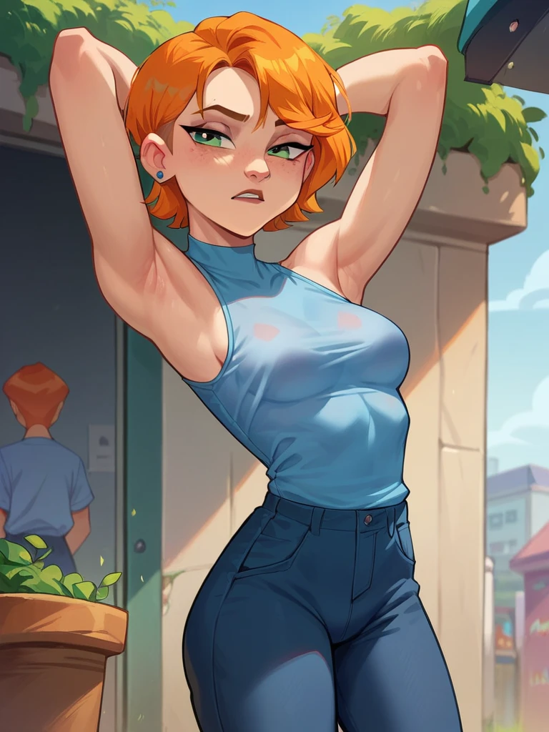 Gwen Tennyson, short orange hair ,  blue sleeveless shirt arms up you can see your armpits,  pants whiteHigh resolution ,  a girl,  masterpiece , growing medium breasts  