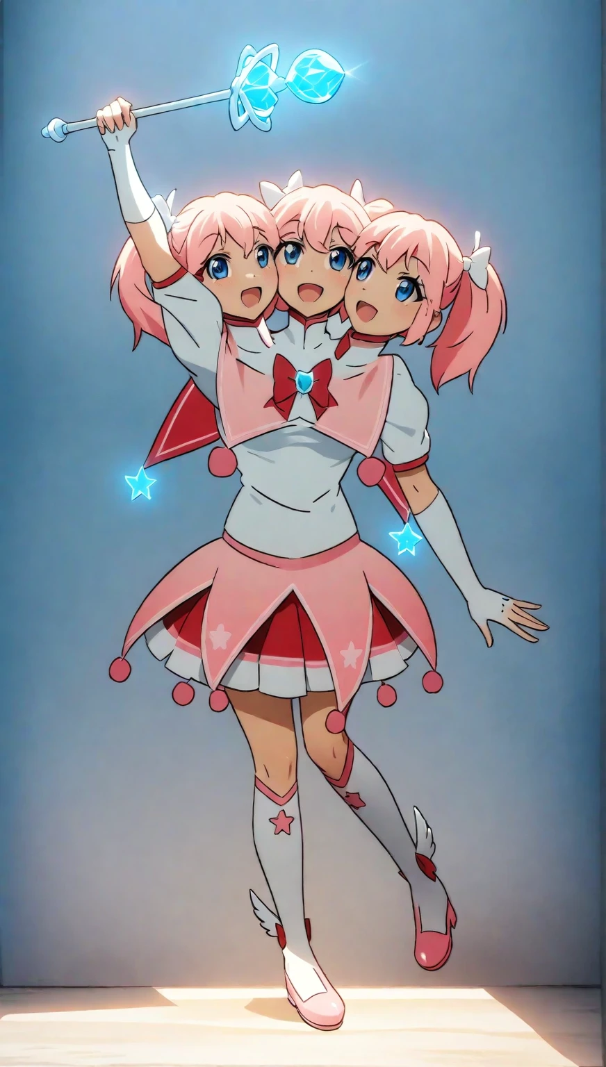 (masterpiece, best quality), best resolution, 16k, full body shot, perspective view, (mahou shoujo, magical girl), 1girl, solo, (three heads: 1.5), young girl, holding a crystal magic wand, clean thick and thin lines, (magical girl style), twin tails, ribbons, shine sparkles, glow, magical effects, wings on shoes, anime cinematic, soft lighting, vibrant colors, soft colors, digital painting, highly detailed, (bright lighting, detailed shadow), standing on the floor, blue sky, school building background